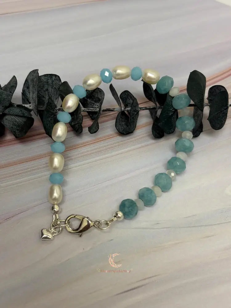 Aquamarine Pearl Bracelet - Sterling Silver with Moonstone & Heart Charm