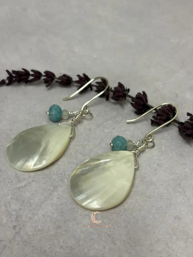 Mother of Pearl Drop Earrings - Aquamarine Moonstone Sterling Silver