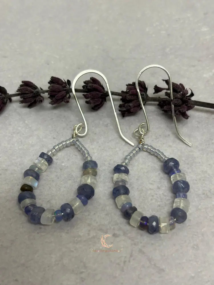 Tanzanite Opal Moonstone Earrings - Sterling Silver Handcrafted Drops