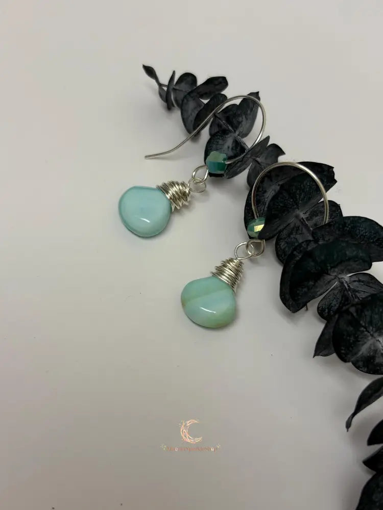 Blue Peruvian Opal Earrings – Silver Wire Wrapped Drop Gemstone Jewelry