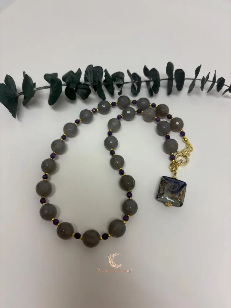 Gray Agate Amethyst Necklace – Dichroic Glass Pendant & Gold Plated Gemstone Jewelry