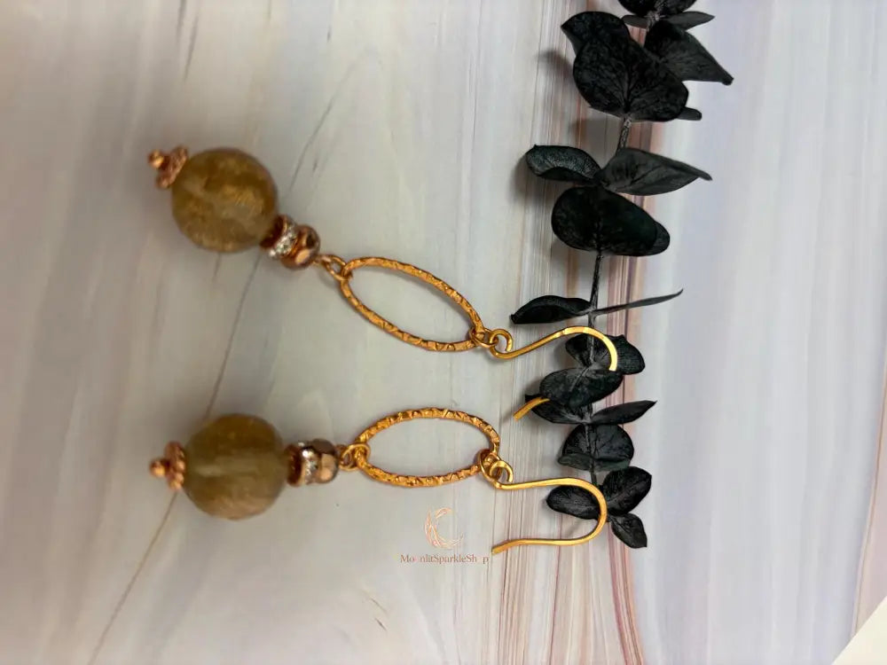 Rutilated Quartz Drop Earrings - Copper Gemstone Statement Jewelry