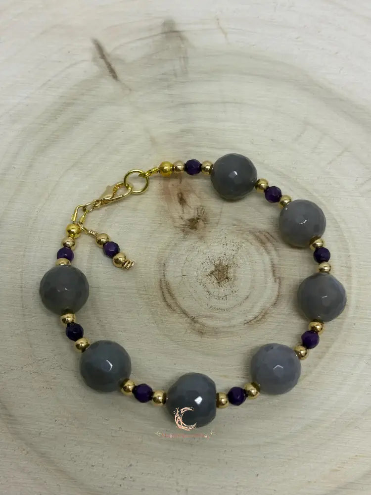 Amethyst Agate Bracelet – Gold Beaded Gemstone Crystal Jewelry for Women