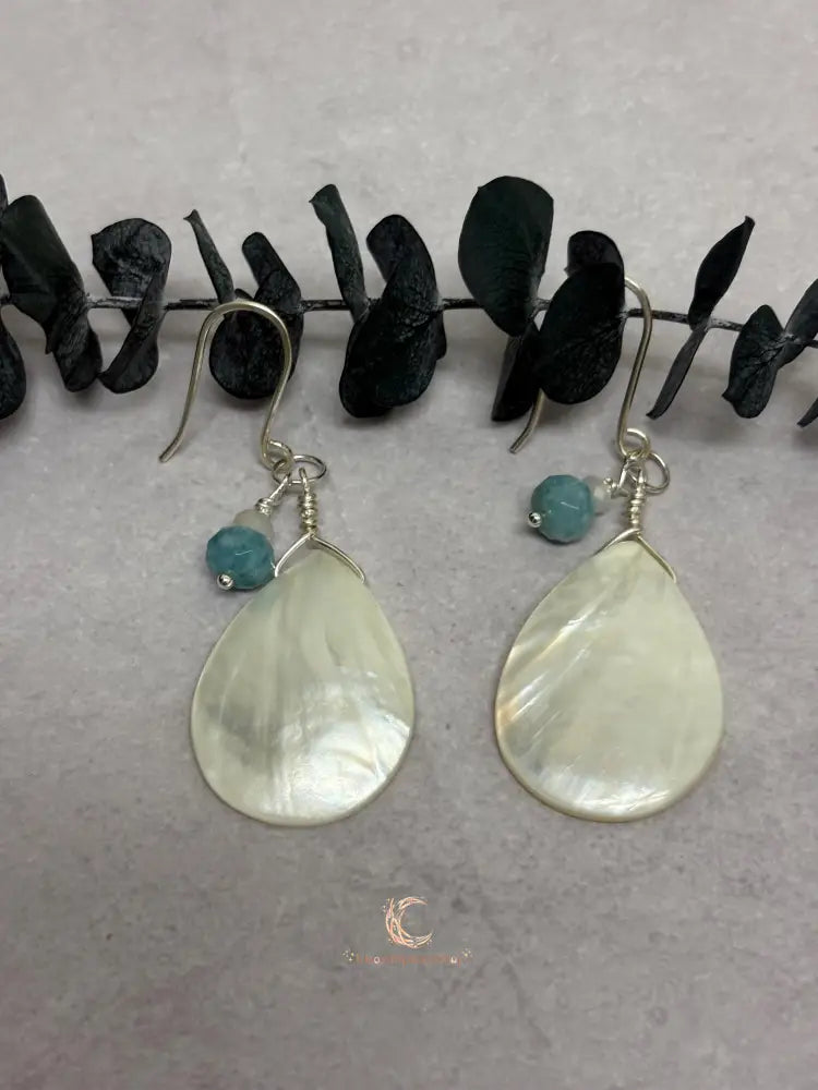 Mother of Pearl Drop Earrings - Aquamarine Moonstone Sterling Silver