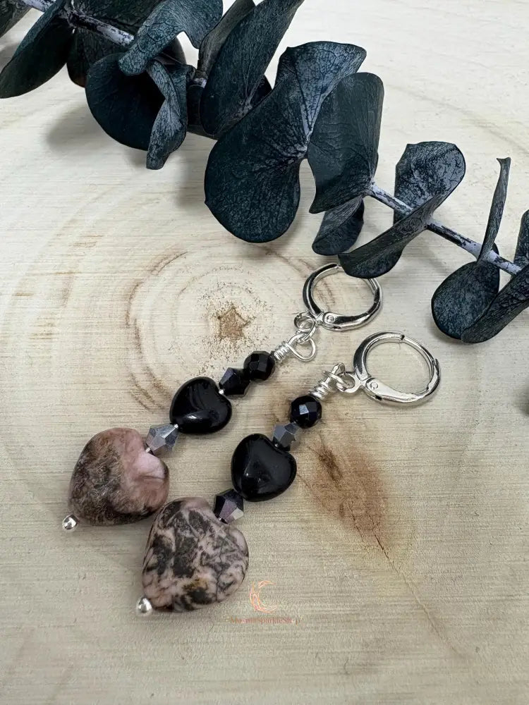 Rhodonite Heart Drop Earrings – Silver Lever Back Gemstone Jewelry