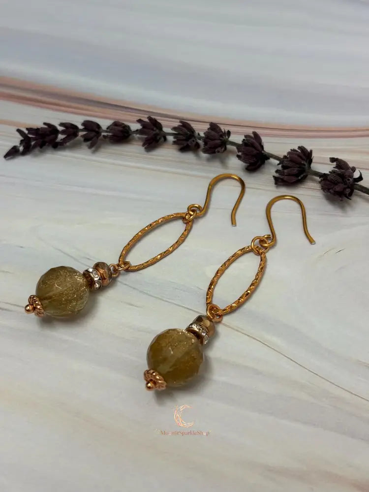 Rutilated Quartz Drop Earrings - Copper Gemstone Statement Jewelry