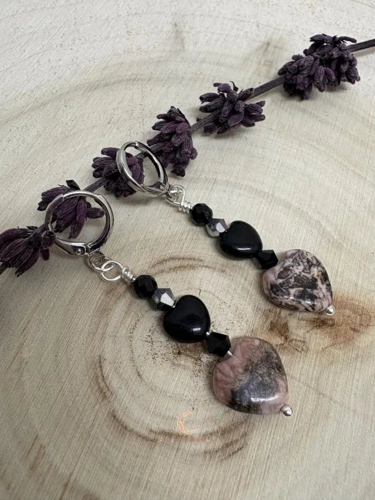 Rhodonite Heart Drop Earrings – Silver Lever Back Gemstone Jewelry