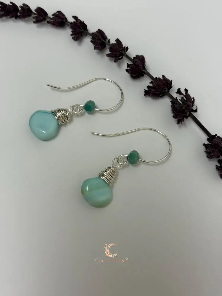 Blue Peruvian Opal Earrings – Silver Wire Wrapped Drop Gemstone Jewelry