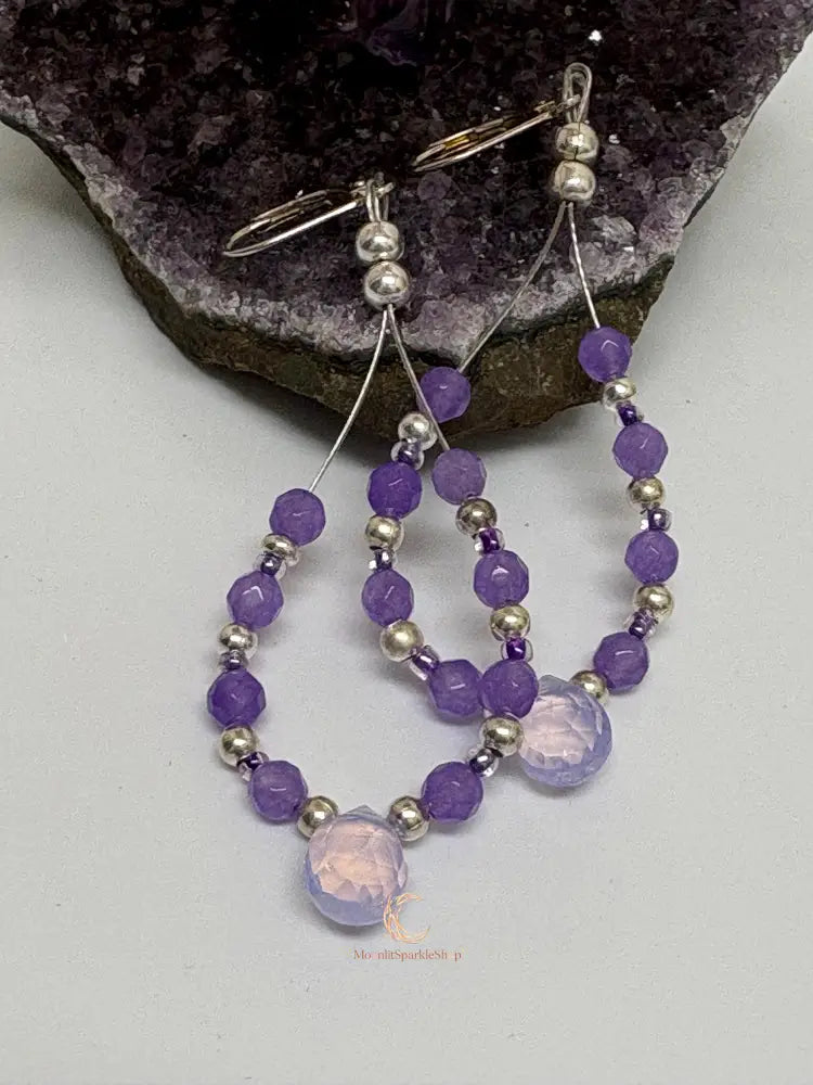 Lavender Quartz Drop Earrings - Czech Crystal Teardrop Sterling Silver