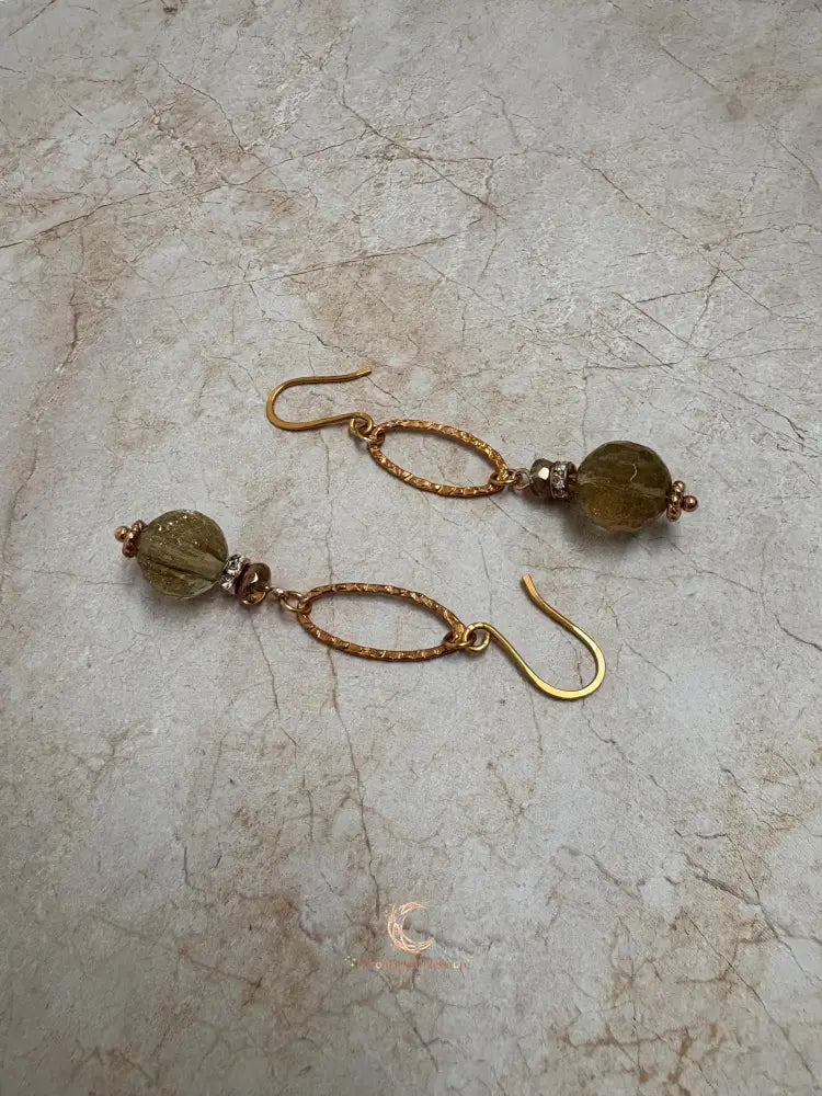 Rutilated Quartz Drop Earrings - Copper Gemstone Statement Jewelry