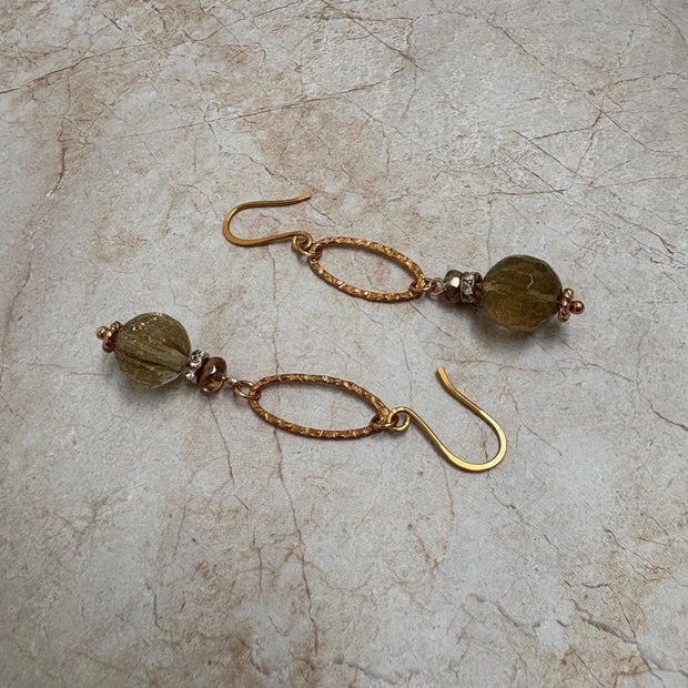 Rutilated Quartz Drop Earrings - Copper Gemstone Statement Jewelry