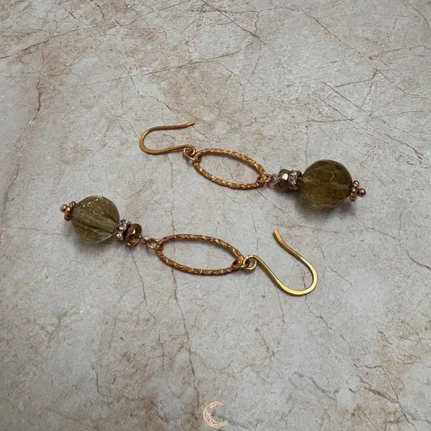 Rutilated Quartz Drop Earrings - Copper Gemstone Statement Jewelry
