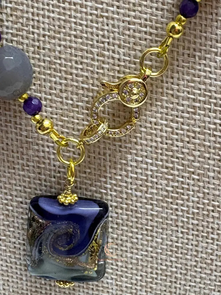 Gray Agate Amethyst Necklace – Dichroic Glass Pendant & Gold Plated Gemstone Jewelry