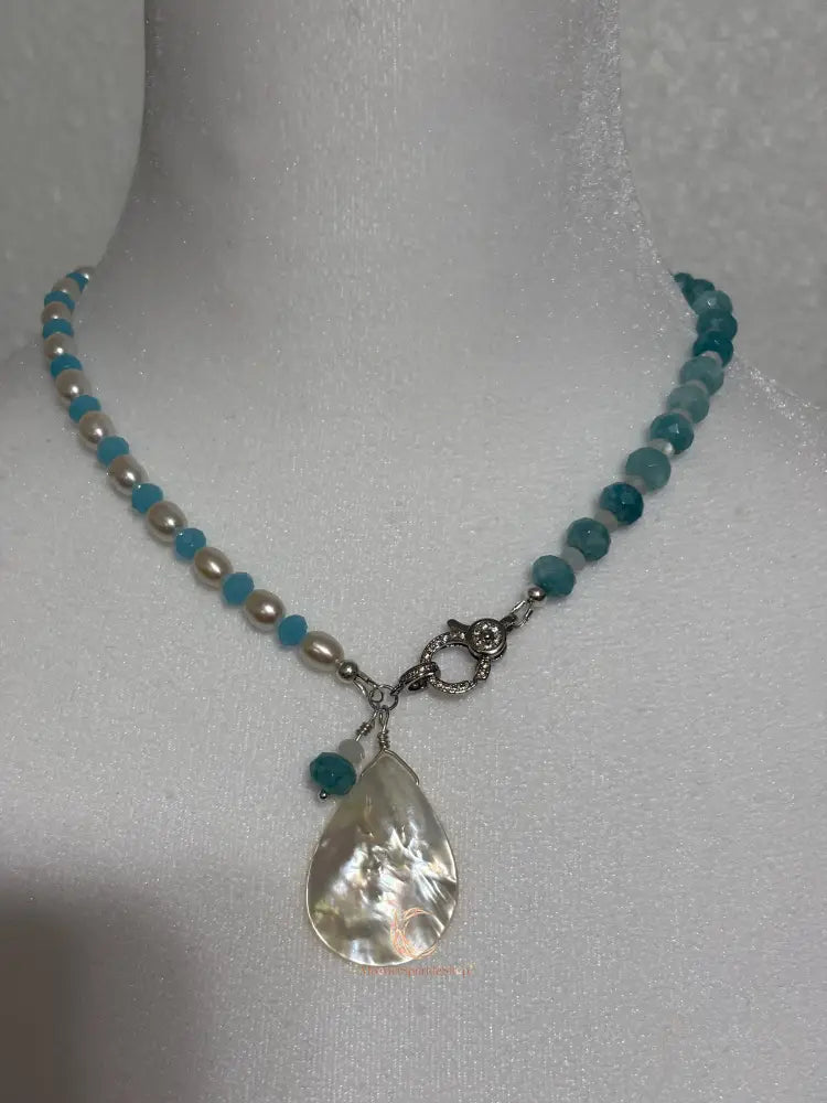 Aquamarine Pearl Pendant Necklace - Sterling Silver with Moonstone Accent