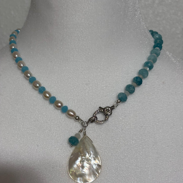 Aquamarine Pearl Pendant Necklace - Sterling Silver with Moonstone Accent