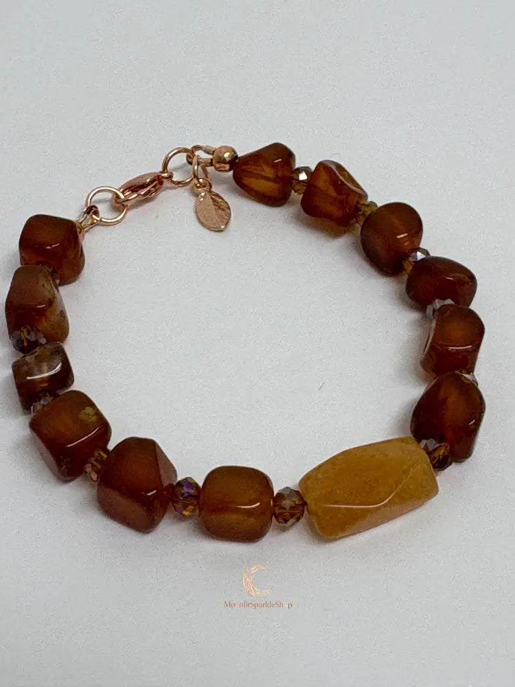 Carnelian Peach Aventurine Bracelet – Copper Leaf Clasp Gemstone Jewelry