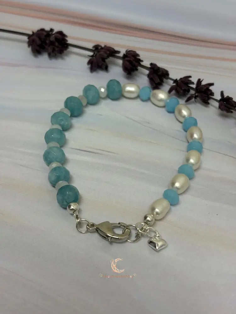 Aquamarine Pearl Bracelet - Sterling Silver with Moonstone & Heart Charm
