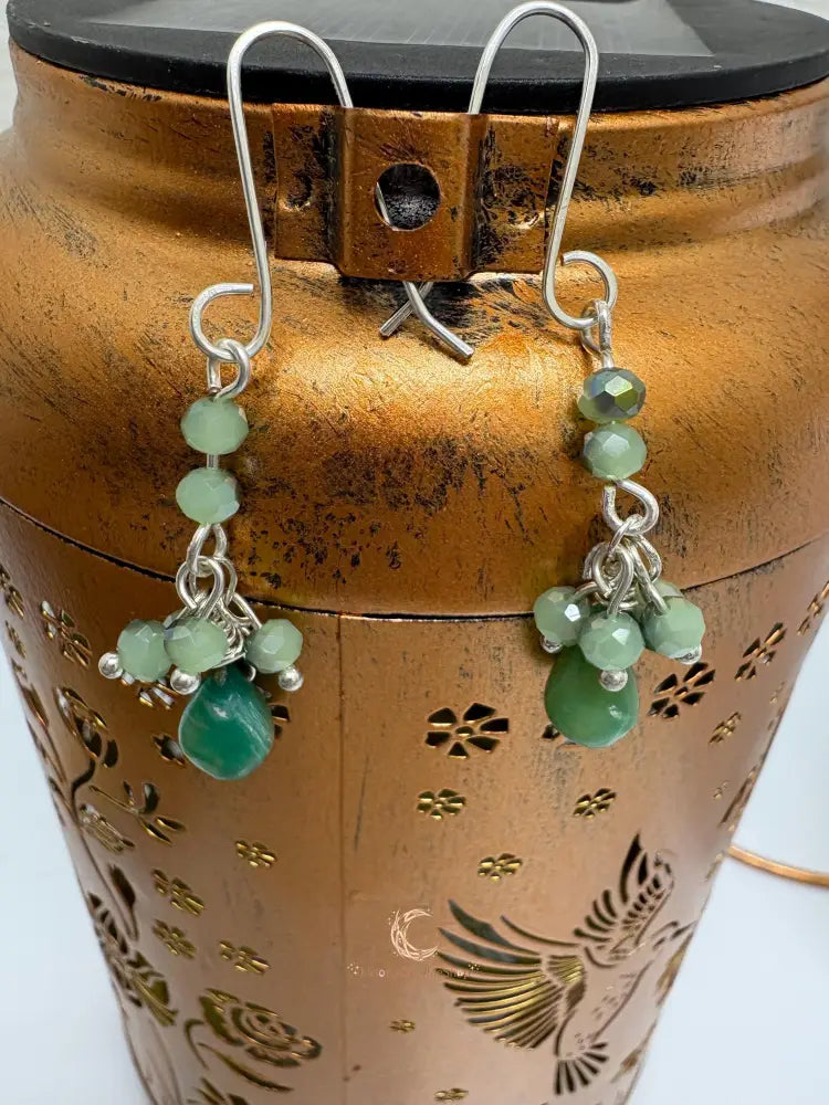 Peruvian Opal Earrings – Blue Green Gemstone Drop Dangle with Silver & Czech Crystal