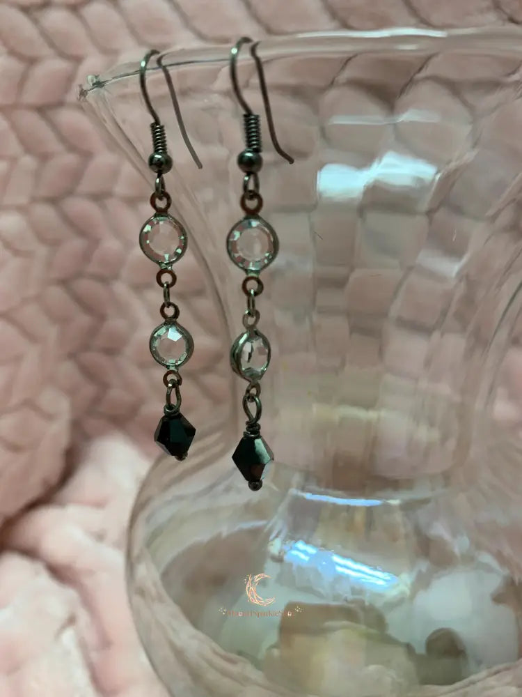 Black Crystal Drop Earrings - Gunmetal Chain Dangle with Rhinestones
