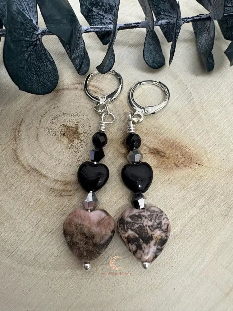 Rhodonite Heart Drop Earrings – Silver Lever Back Gemstone Jewelry