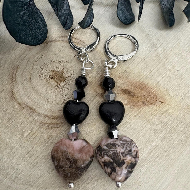 Rhodonite Heart Drop Earrings – Silver Lever Back Gemstone Jewelry