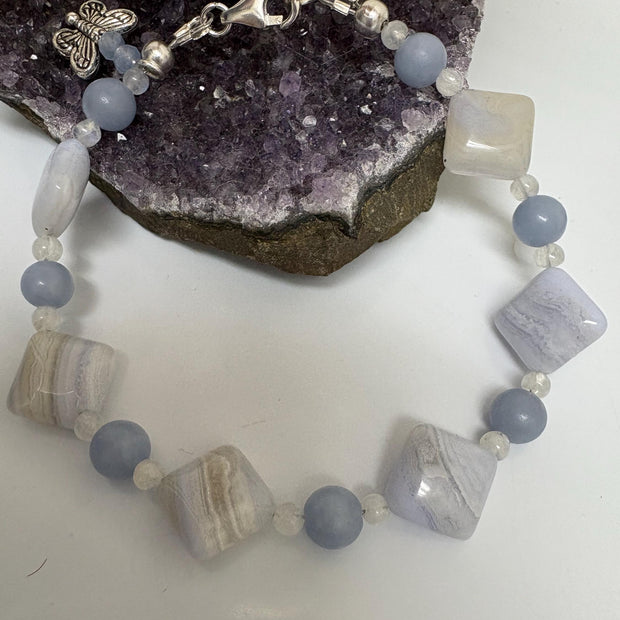 Blue Lace Agate Angelite Moonstone Bracelet – Healing Gemstone Crystal Jewelry
