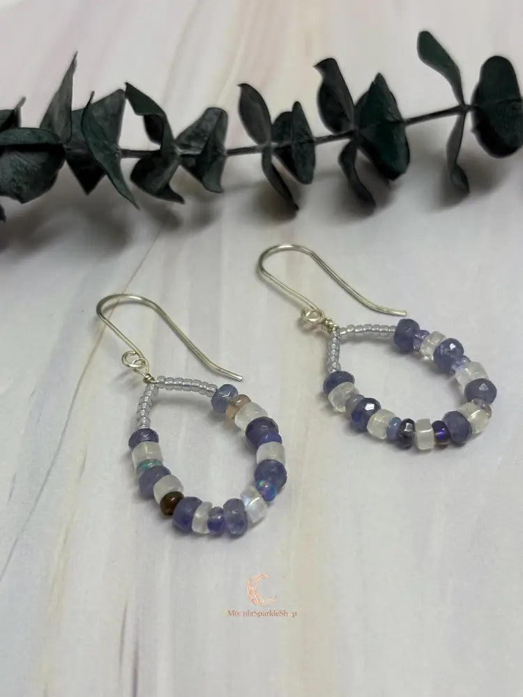 Tanzanite Opal Moonstone Earrings - Sterling Silver Handcrafted Drops