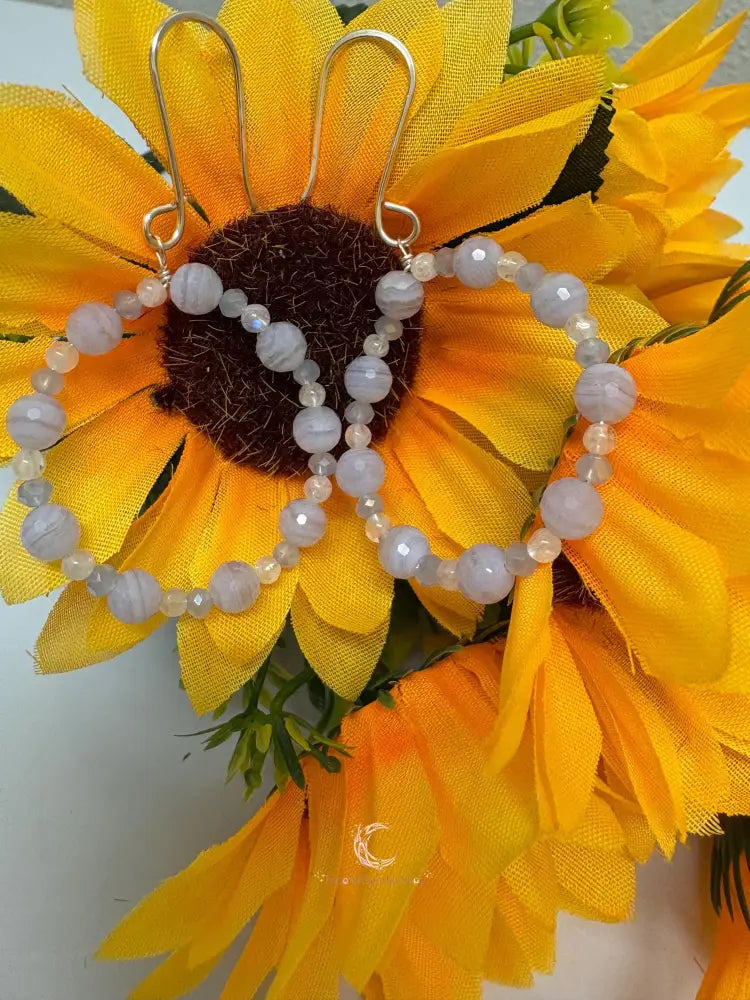 Blue Lace Agate Moonstone Hoop Earrings – Sterling Silver Gemstone Dangle Jewelry