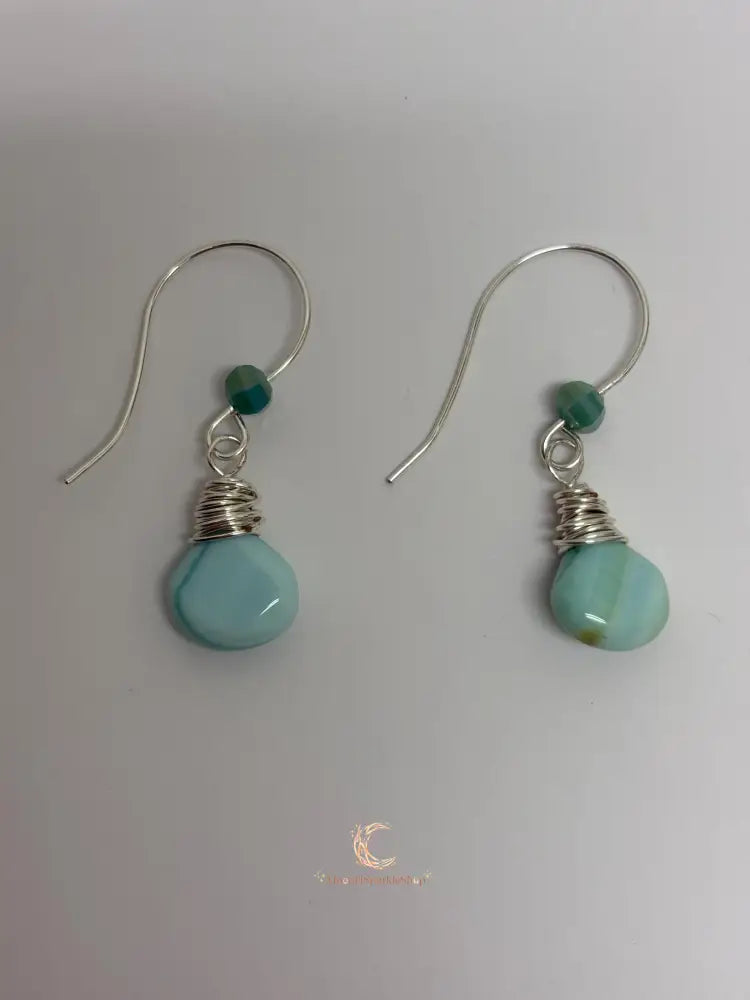 Blue Peruvian Opal Earrings – Silver Wire Wrapped Drop Gemstone Jewelry