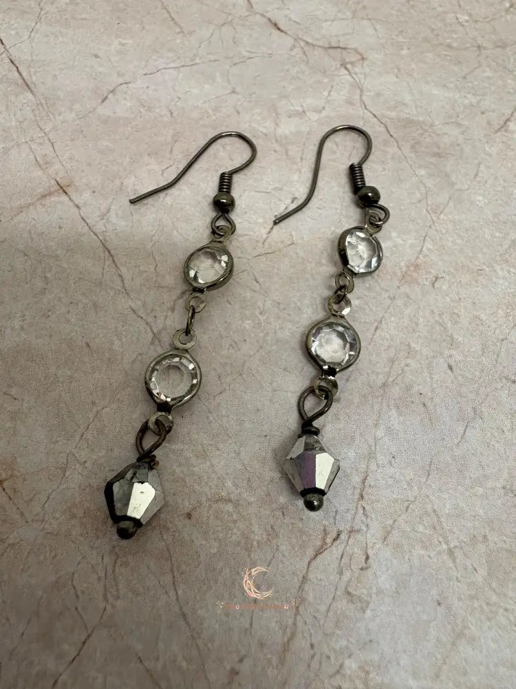Black Crystal Drop Earrings - Gunmetal Chain Dangle with Rhinestones